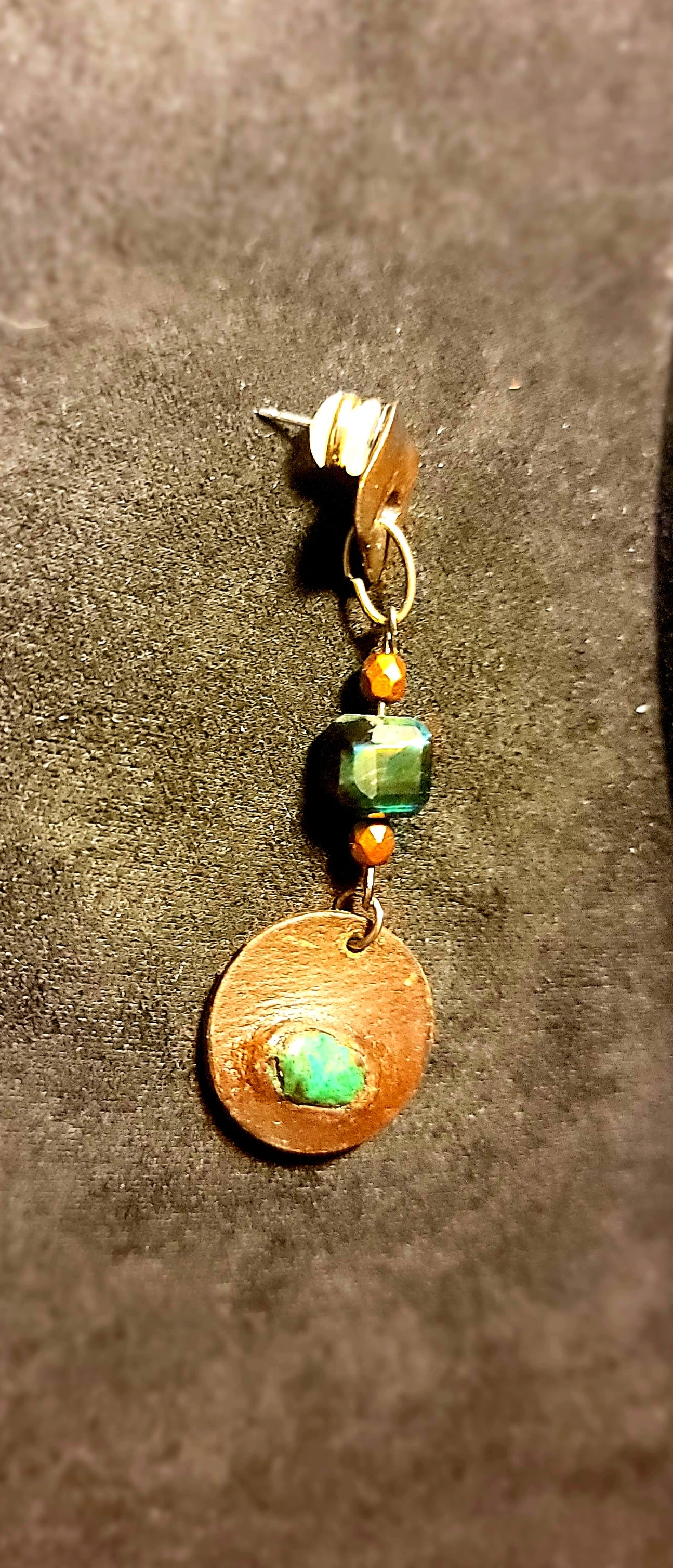 Earrings - Bronze Studs with Blue Green Tigers Eye and Turquoise inlaid Leather