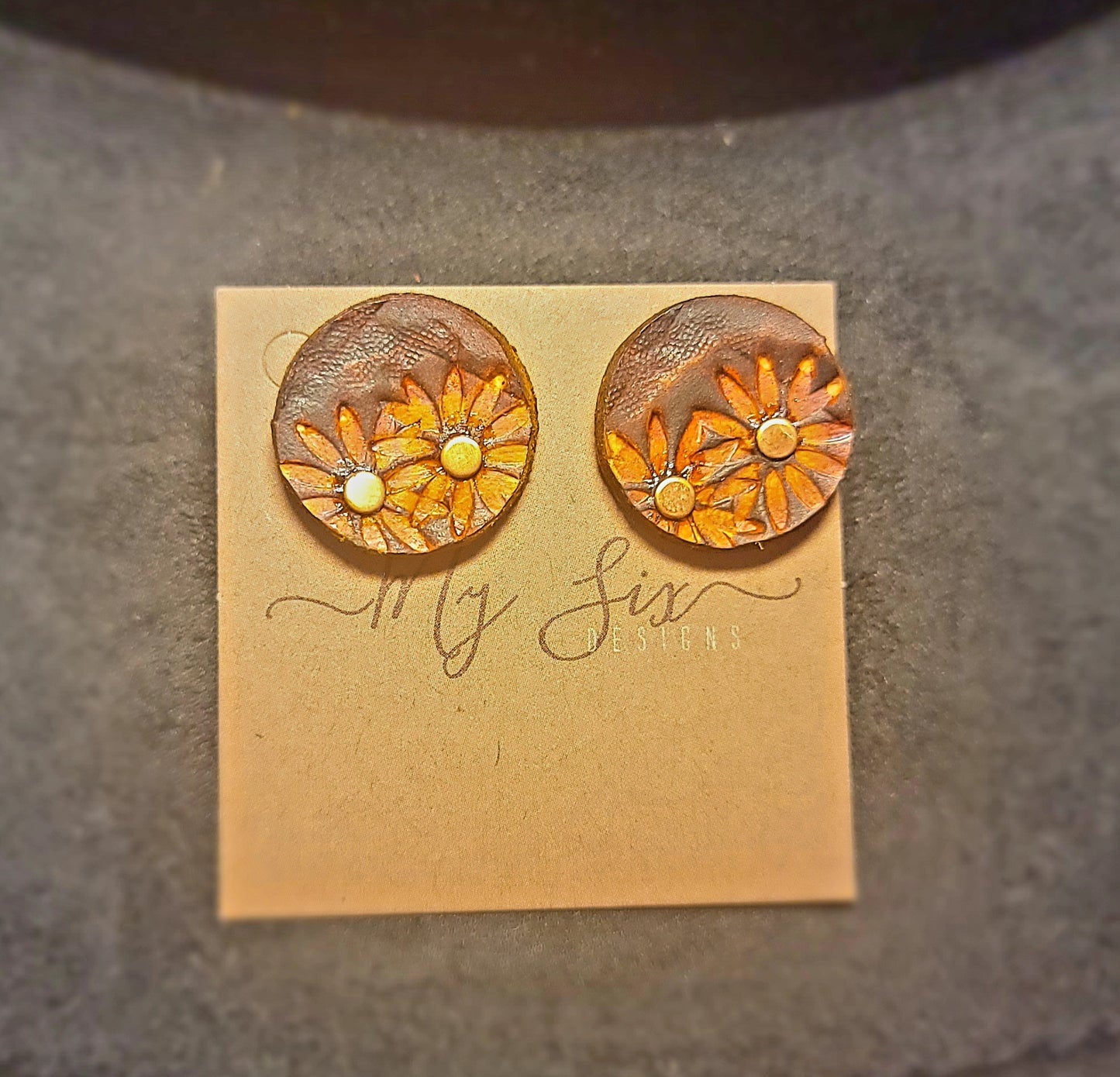 Earrings - Leather Flower Studs with copper accents