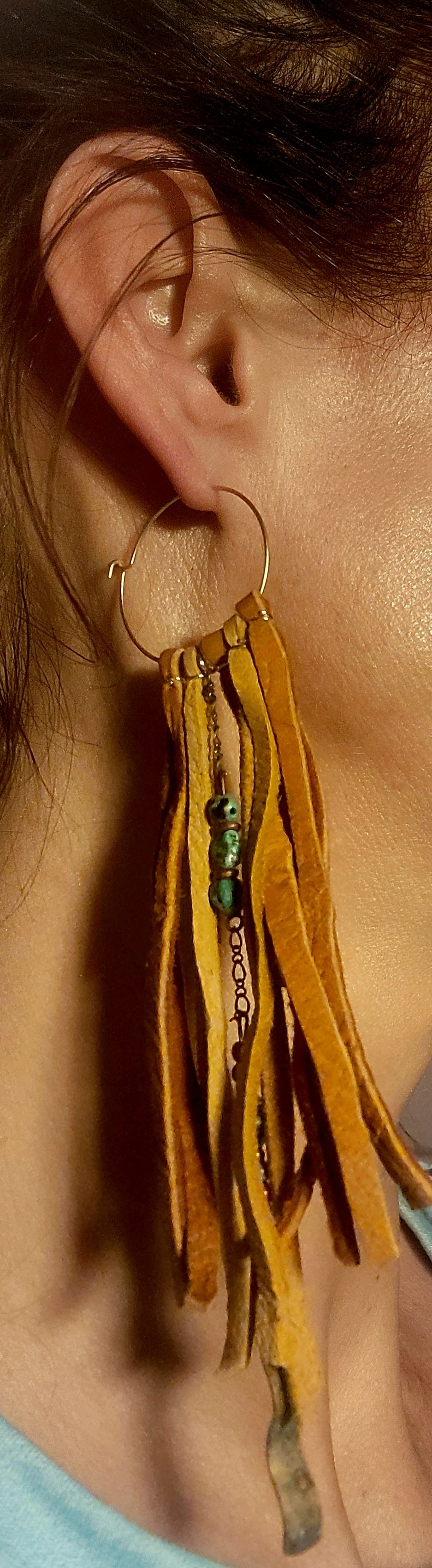 Earrings - Long Leather with Turquoise and Copper Accents