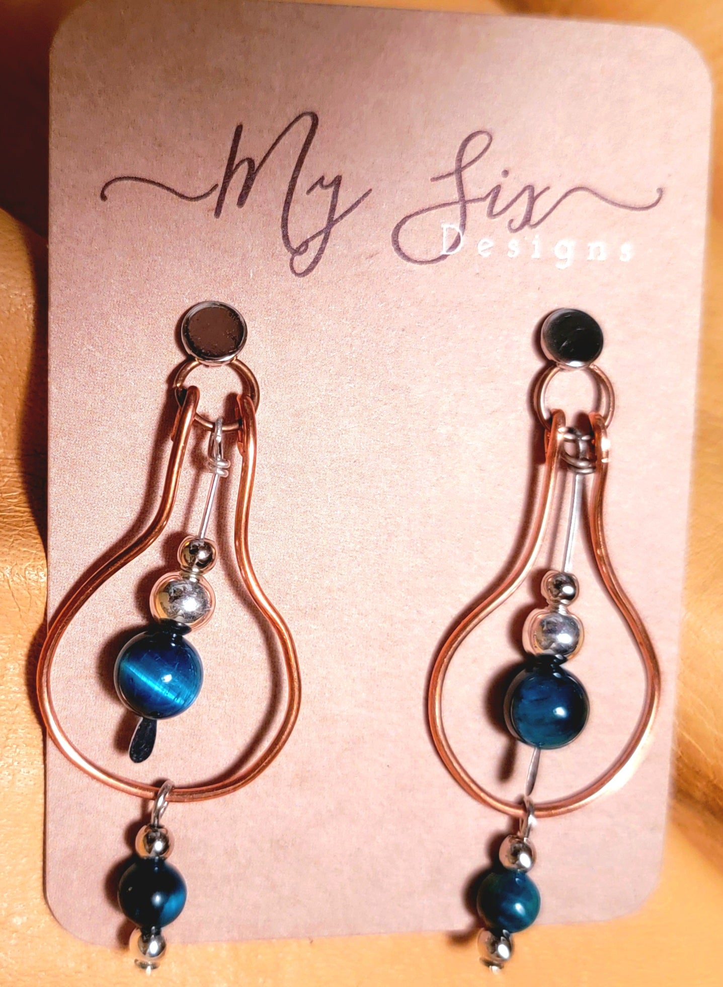 Earrings- Copper and Blue Tigers Eye with Silver Accent