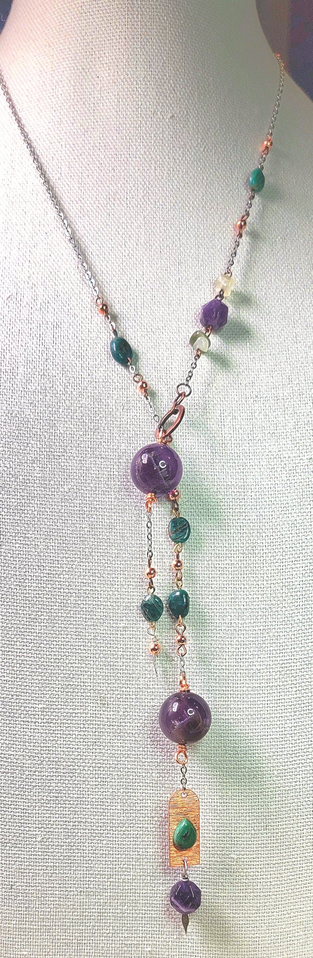 Necklace - Amethyst and Gemstones with copper beads and silver chain