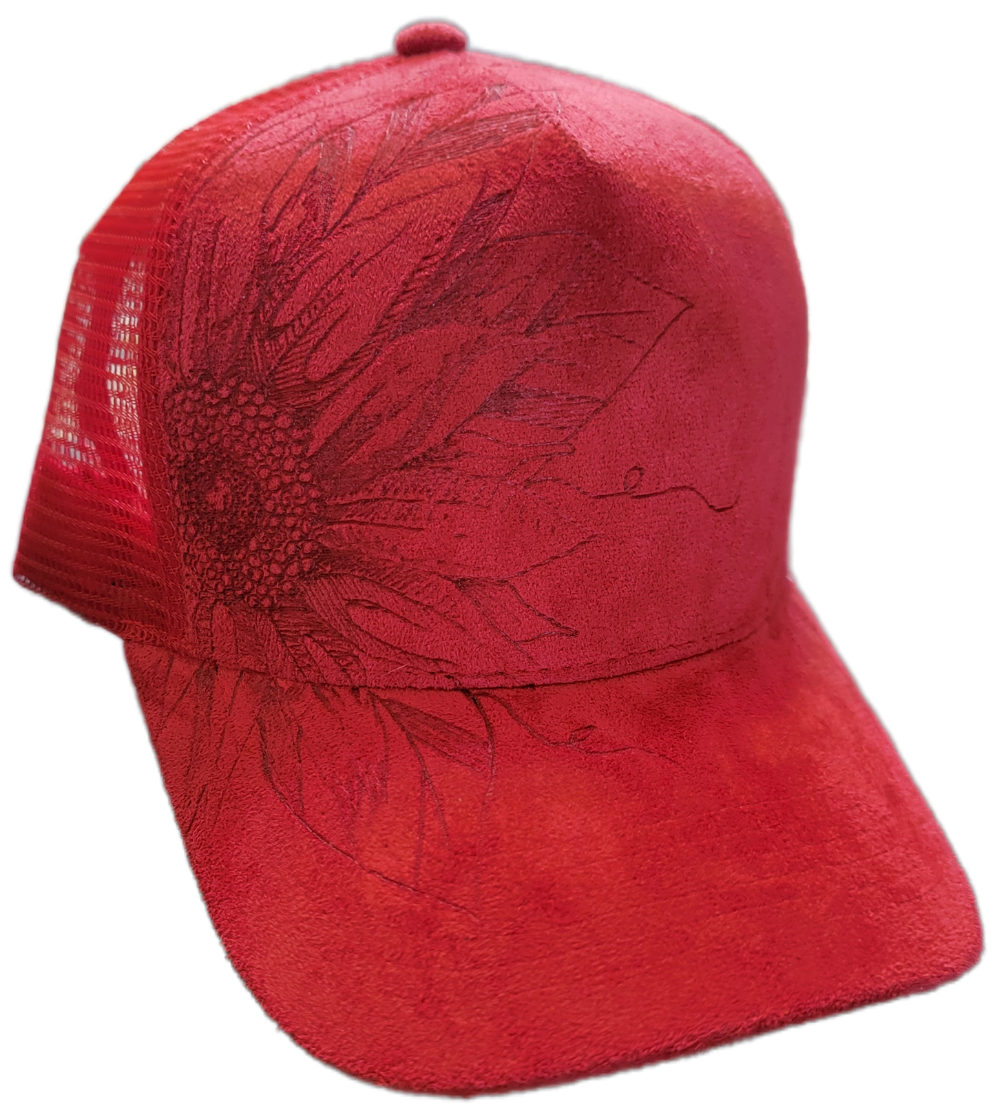 Trucker Hat- Red Sued Sunflower