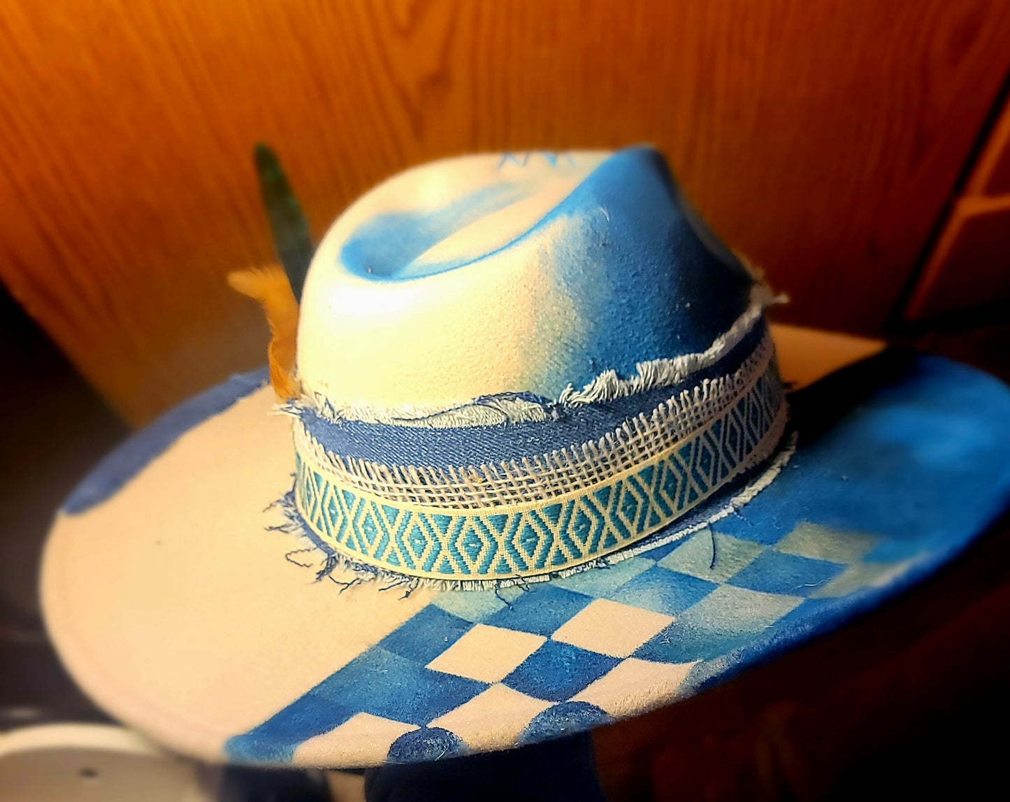Hat and Band- Blue Checker and Feather Band