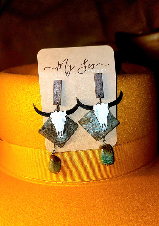 Earrings - Studs with Hand pained Wood Bull. Patina Brass and Turquoise accents.