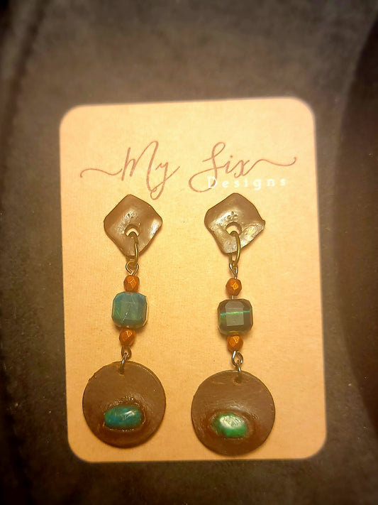 Earrings - Bronze Studs with Blue Green Tigers Eye and Turquoise inlaid Leather
