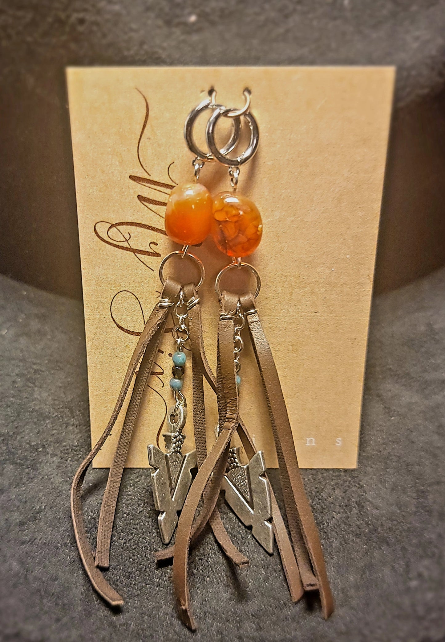 Earrings - Amber & Leather with Silver Arrowhead and Turquoise Accent