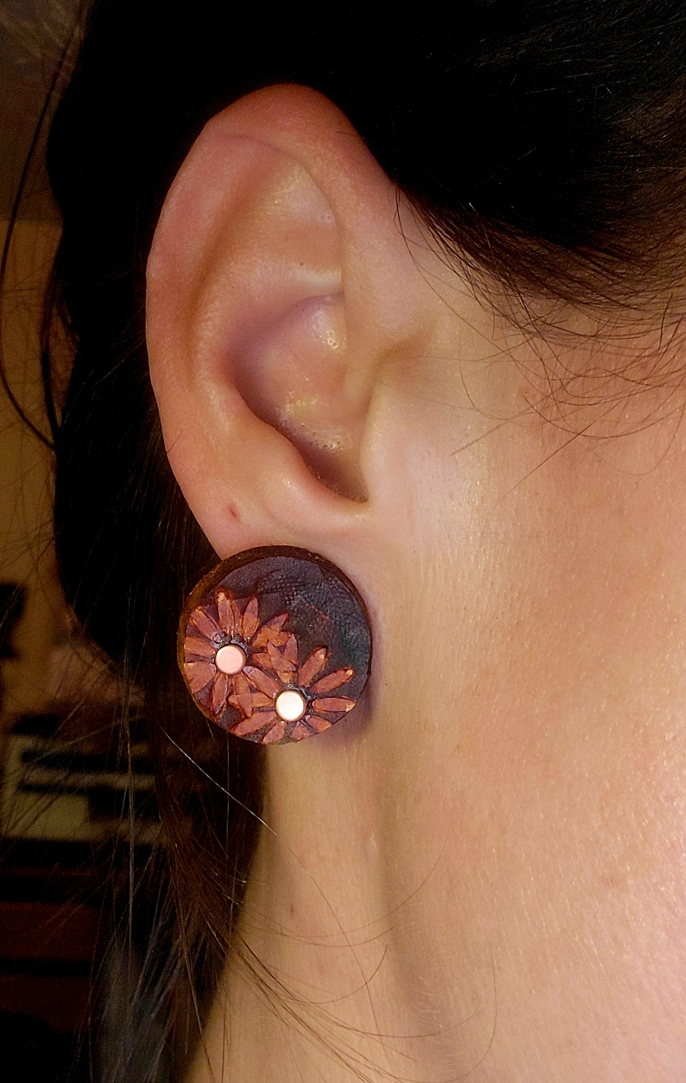 Earrings - Leather Flower Studs with copper accents