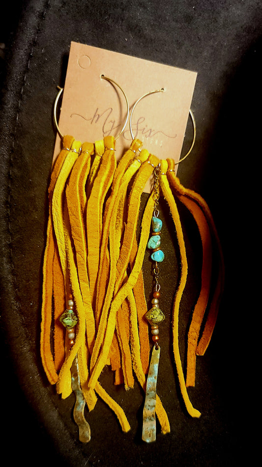 Earrings - Long Leather with Turquoise and Copper Accents