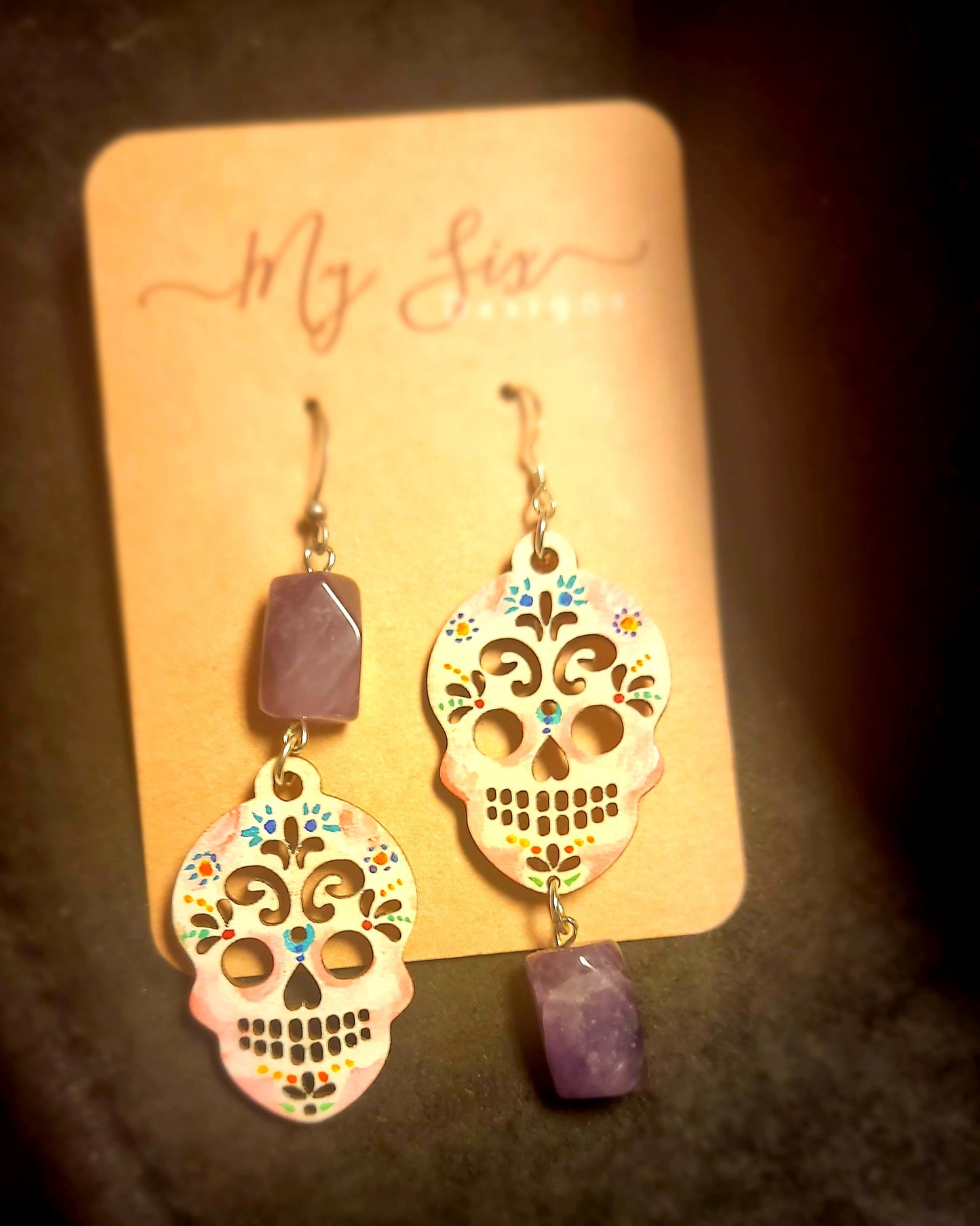 Earrings - Hand Painted Wood with Amethyst