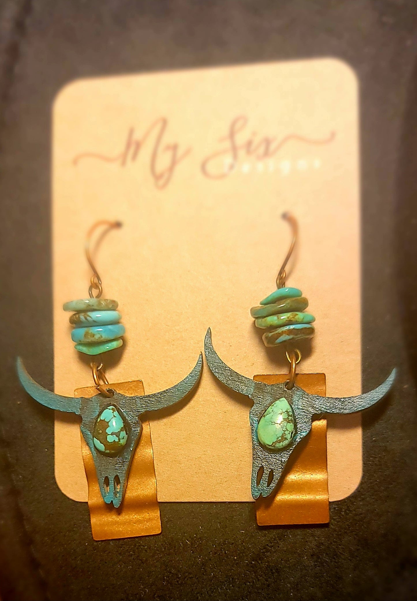 Earrings - Hand Painted Wood with Turquoise and Copper Accents