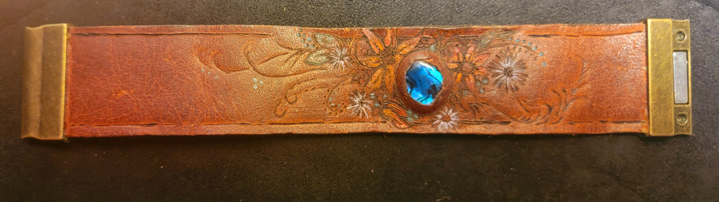 Bracelet  - Leather Hand Painted with Inlaid Abalone Shell