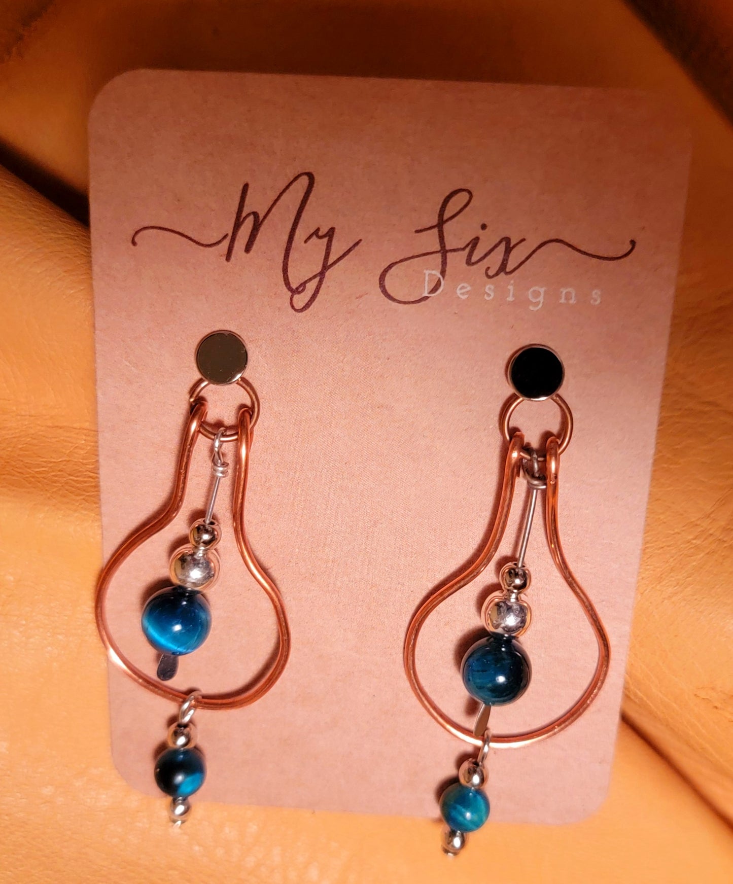 Earrings- Copper and Blue Tigers Eye with Silver Accent