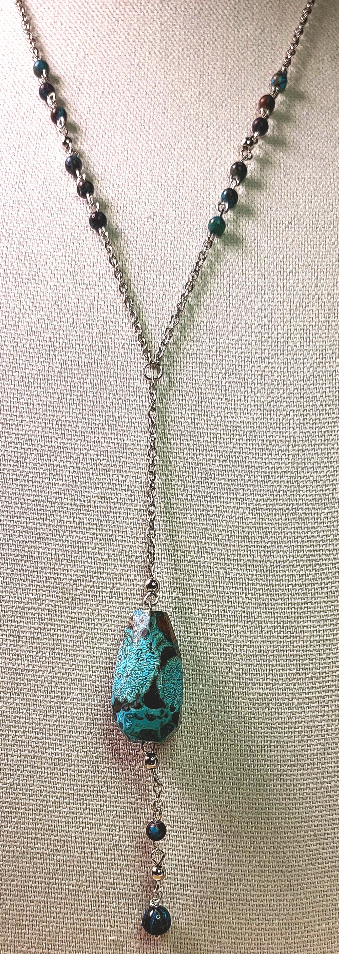 Necklace- Turquoise and silver beads with silver chain and adjustable length metal clasp