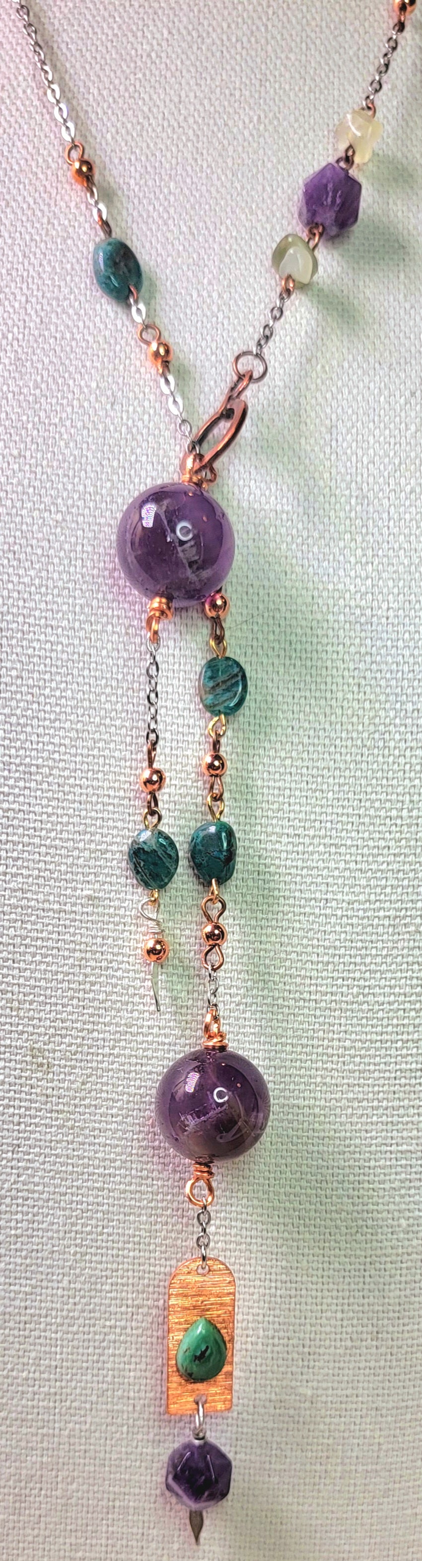 Necklace - Amethyst and Gemstones with copper beads and silver chain
