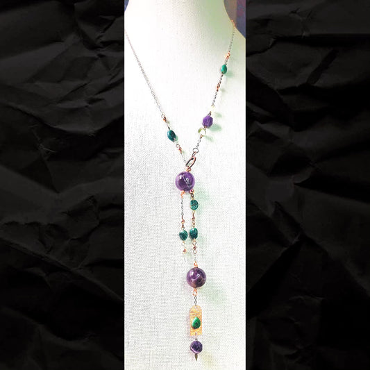 Necklace - Amethyst and Gemstones with copper beads and silver chain