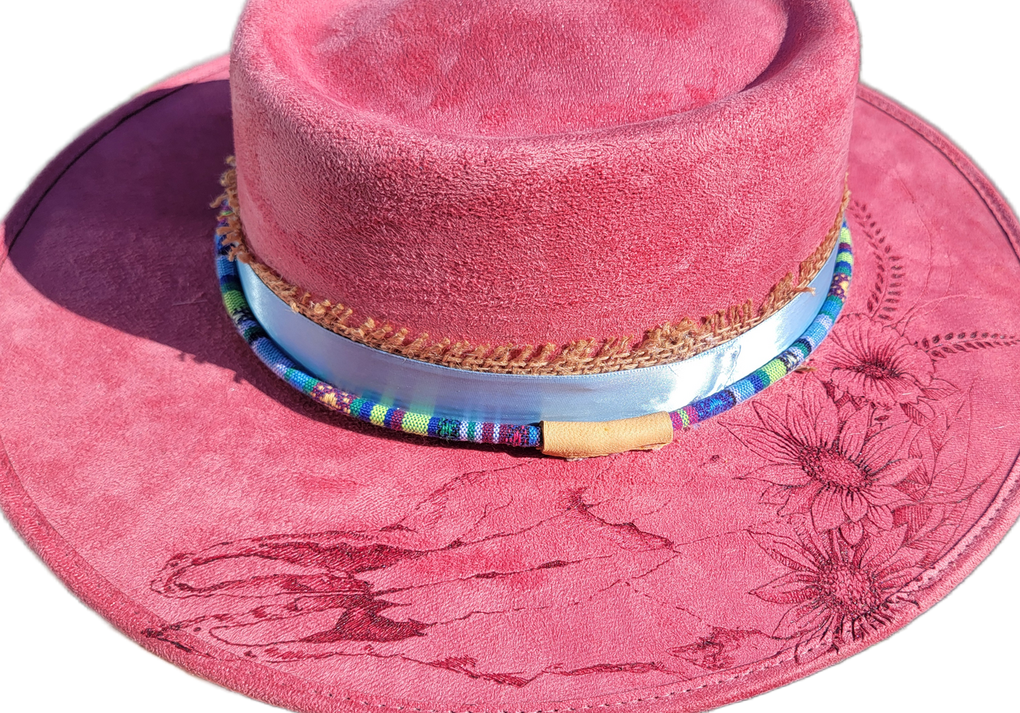 Hat - Pink Sued- Cow Skull and flowers on top, wheat on bottom