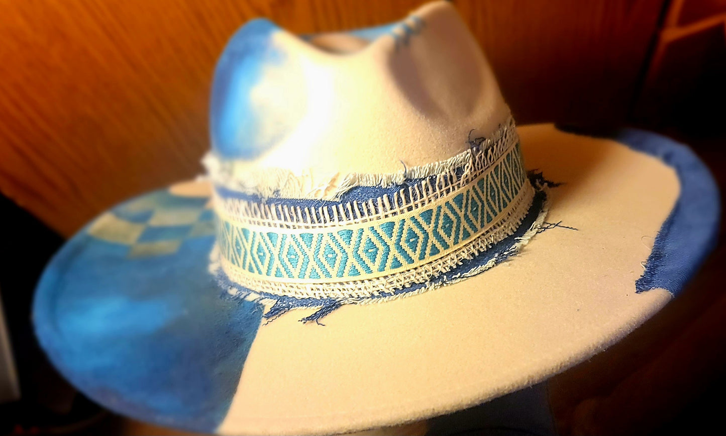 Hat and Band- Blue Checker and Feather Band