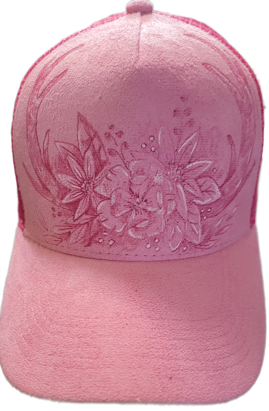 Trucker Hat- Pink Sued Antler and flowers