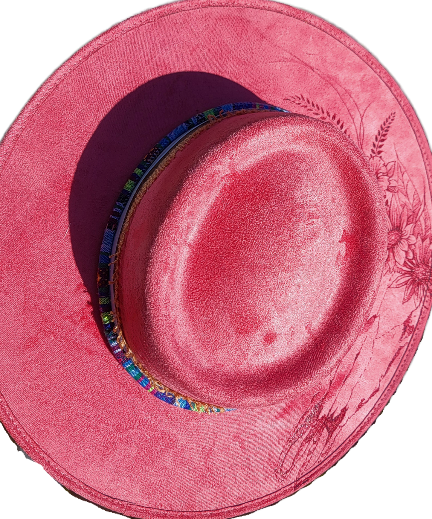 Hat - Pink Sued- Cow Skull and flowers on top, wheat on bottom