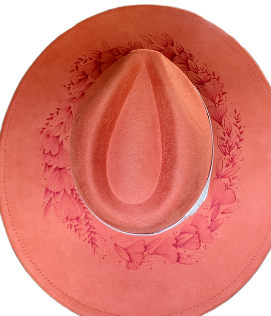 Hat - Orange Sued with hand burned wreath