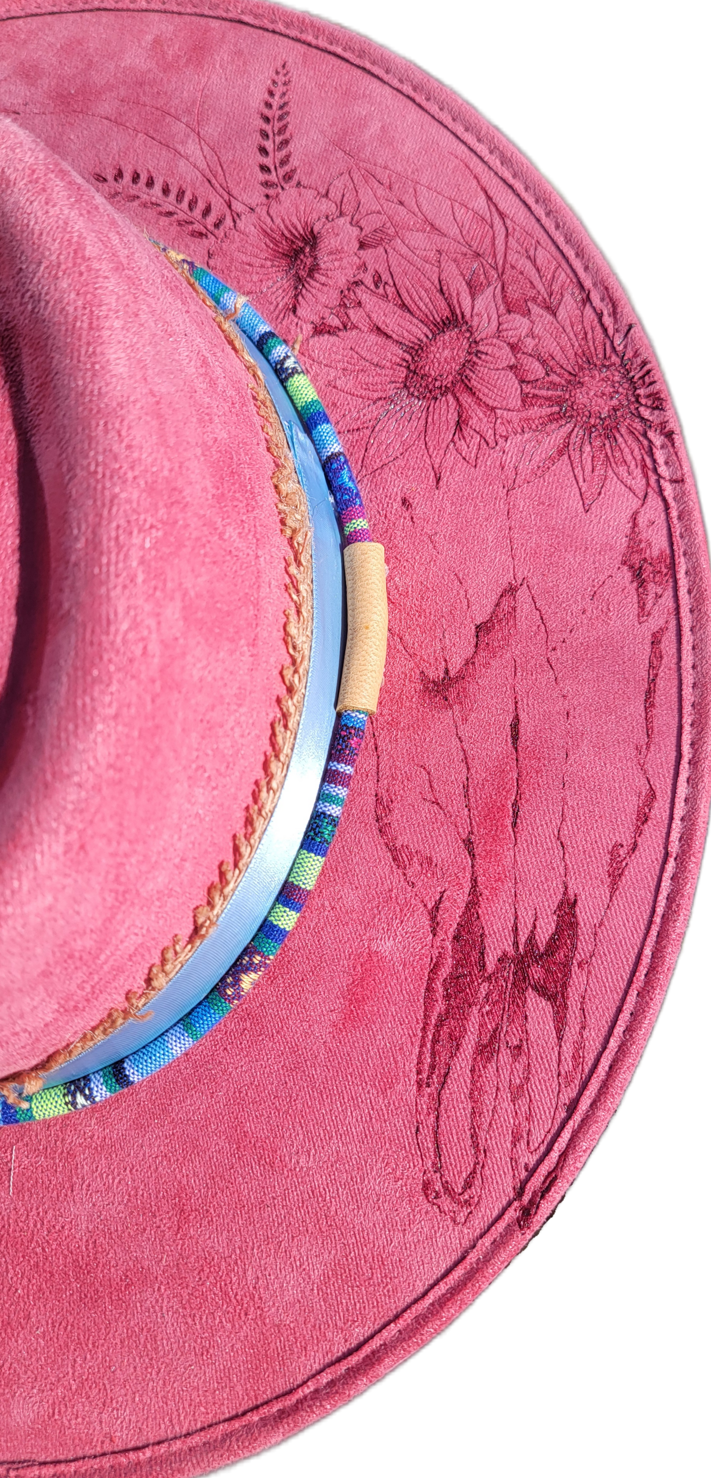 Hat - Pink Sued- Cow Skull and flowers on top, wheat on bottom