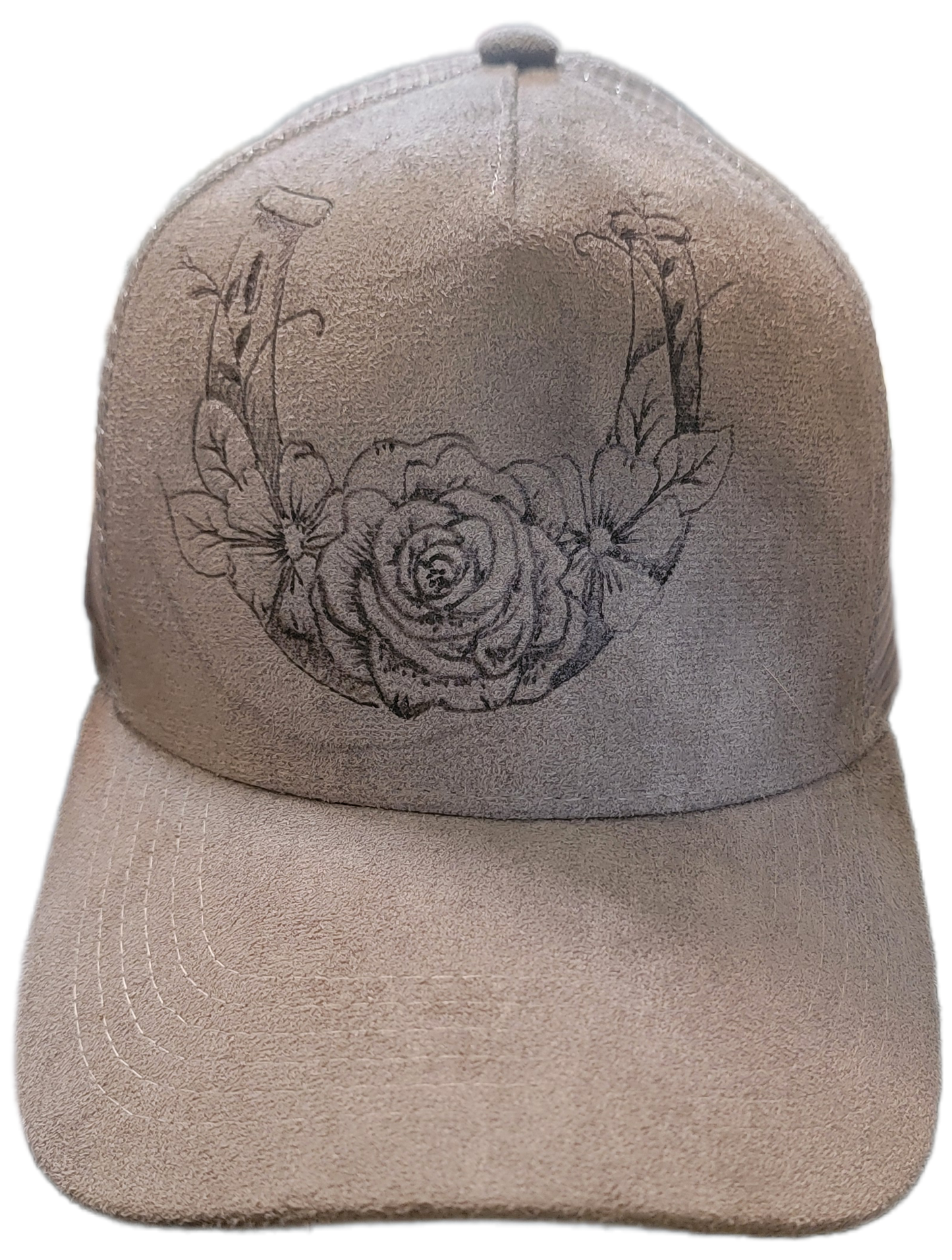 Trucker Hat- Grey Sued Horse Shoe & Rose