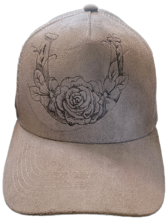 Trucker Hat- Grey Sued Horse Shoe & Rose