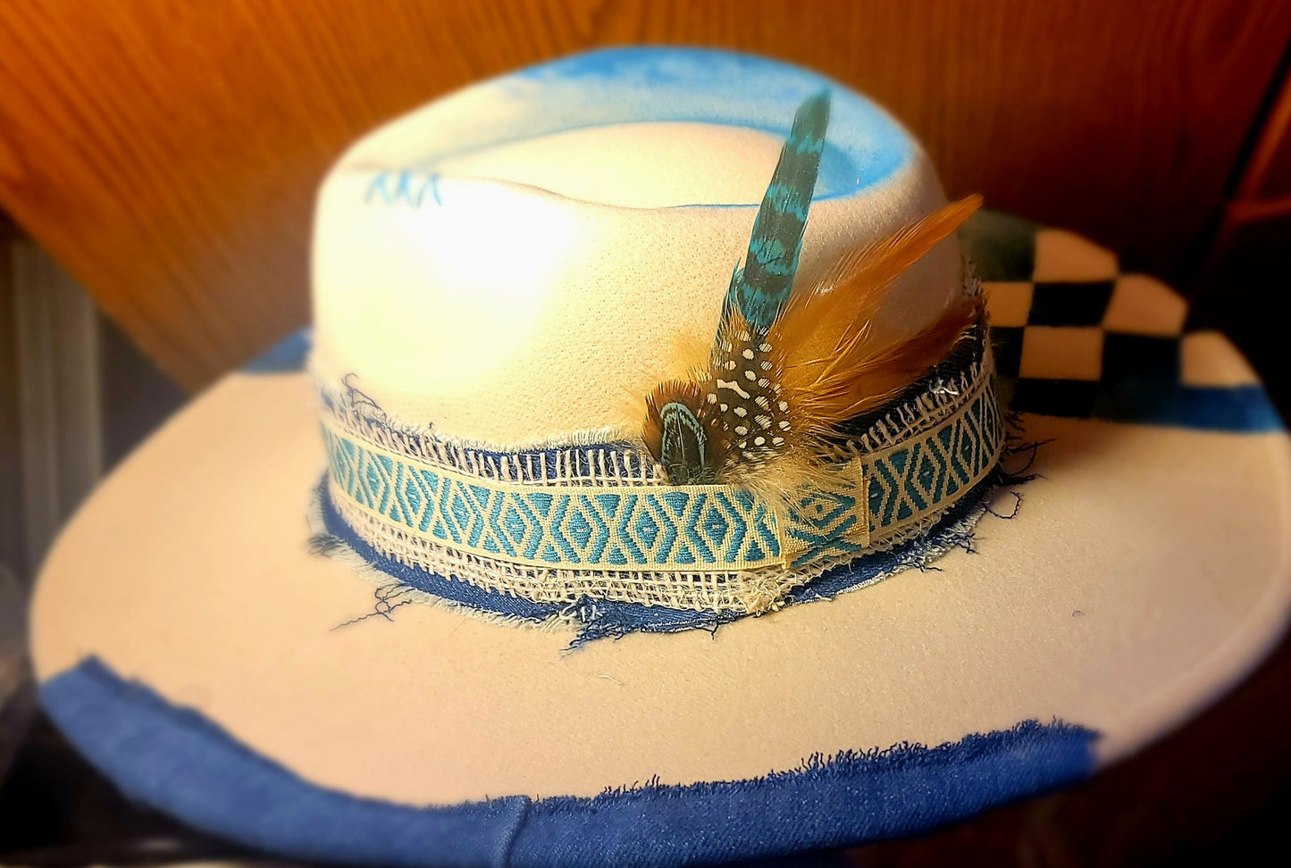 Hat and Band- Blue Checker and Feather Band